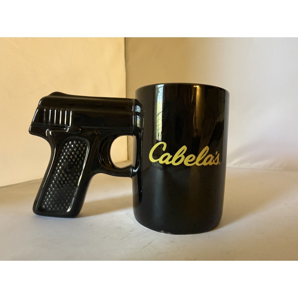 Cabela's Black Hand Gun Pistol Grip Handle 16 Oz Ceramic Coffee Tea Mug Cup NEW